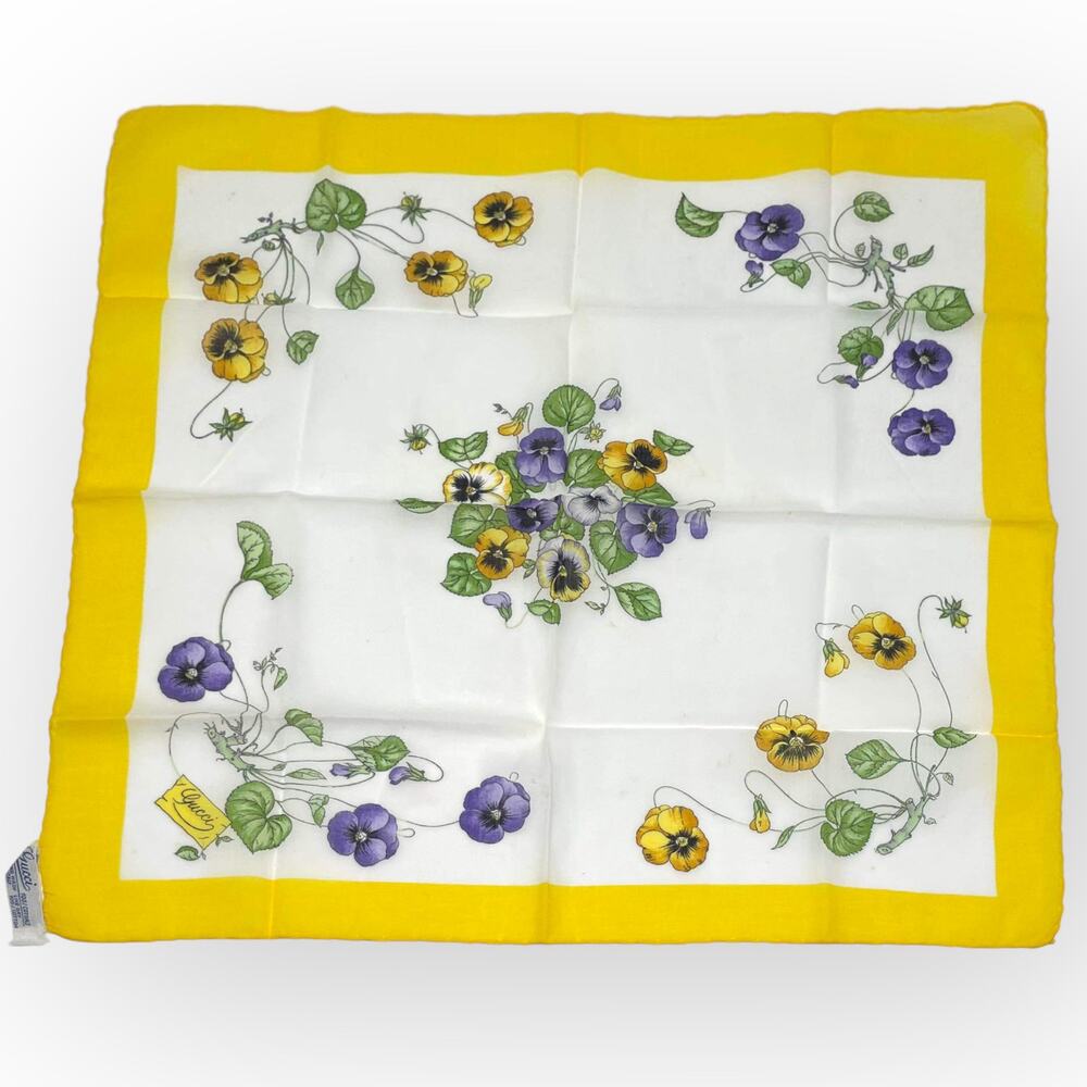 70s to 80s GUCCI Vintage Yellow White Cotton Floral Square Scarf